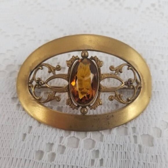 Jewelry - Huge Antique Victorian yellow metal and glass Brooch